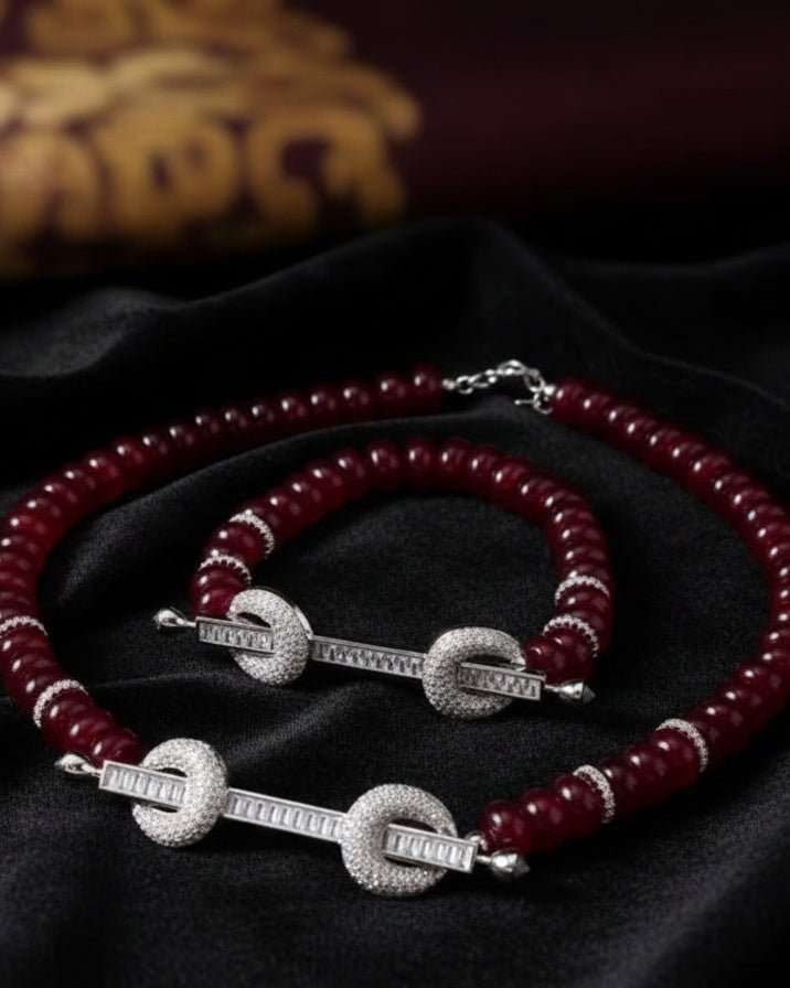 Rose Red Pearl Necklace Bracelet Set