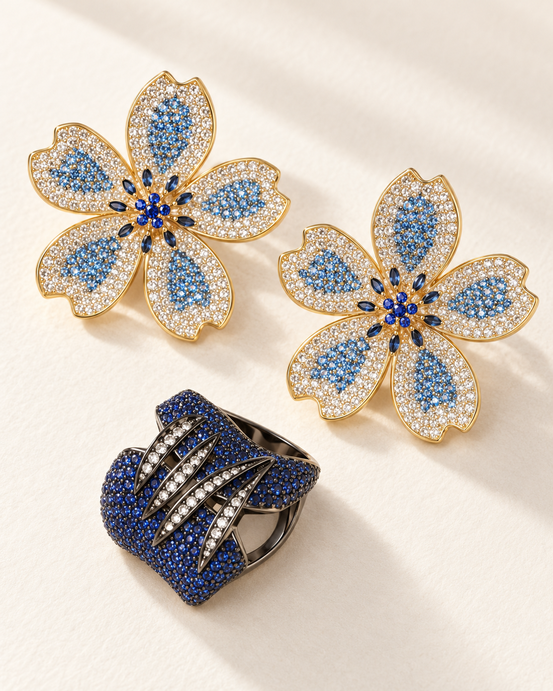 Fahrah Blue Golden Earrings Ring Set — Earrings, Kuwait — 1