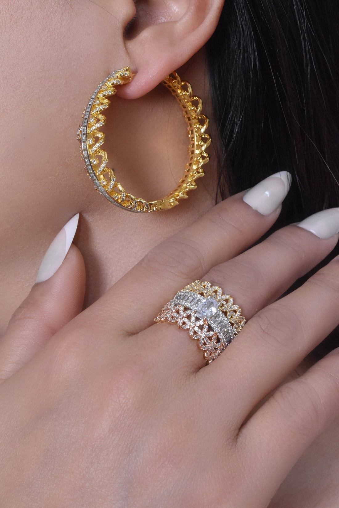 Rima 2Tone Earrings Ring Set 2