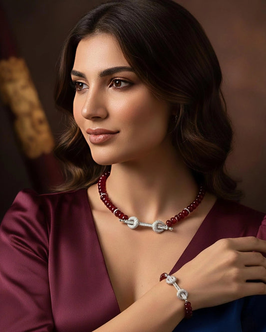 Rose Red Pearl Necklace Bracelet Set