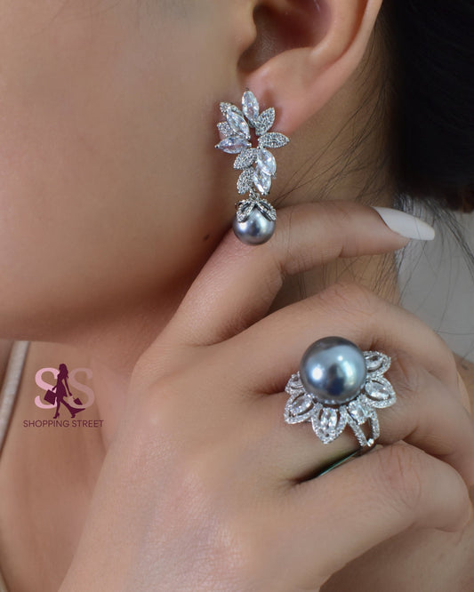 Maharani Grey Pearl Earring Ring Set